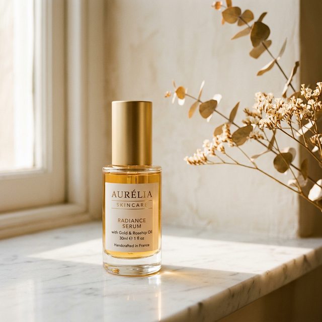 Lumière luxury skincare serum on marble surface